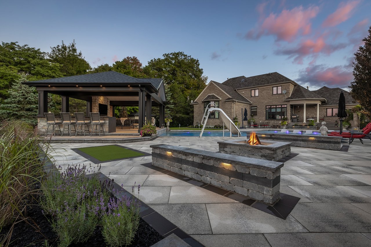 Beautiful backyard with pavilion, pool and fireplace